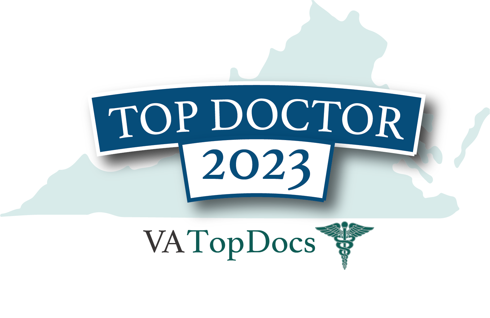 Top Doctor 2023 Text Over Virginia State Outline with VA Top Docs Logo