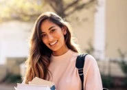 Young girl holding books and wearing backpack